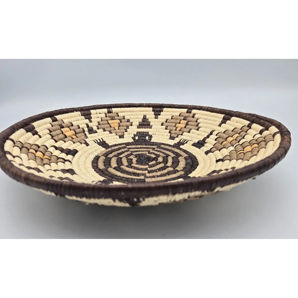 Handwoven Coiled Basket Bowl Geometric Turtle Brown‎ Cream Southwest Style 9.75